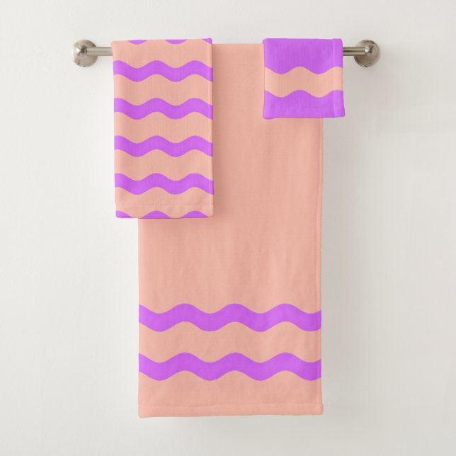 Pink and purple abstract waves pattern bath towel set (Insitu)