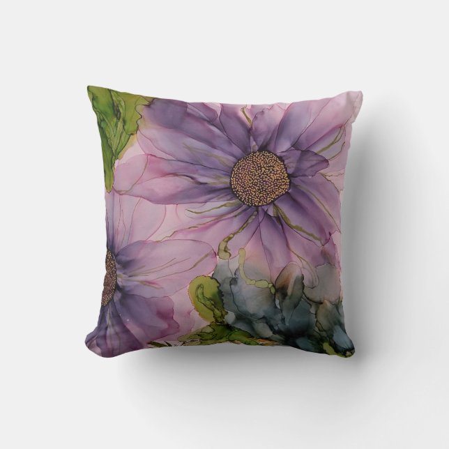 pink and purple alcohol ink flower cushion (Front)