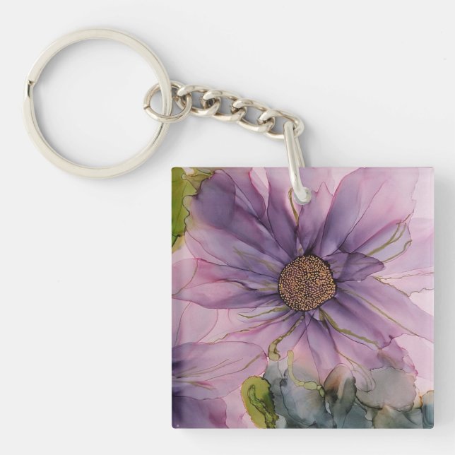 pink and purple alcohol ink flower  key ring (Front)