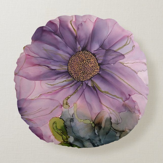 pink and purple alcohol ink flower  round cushion (Front)
