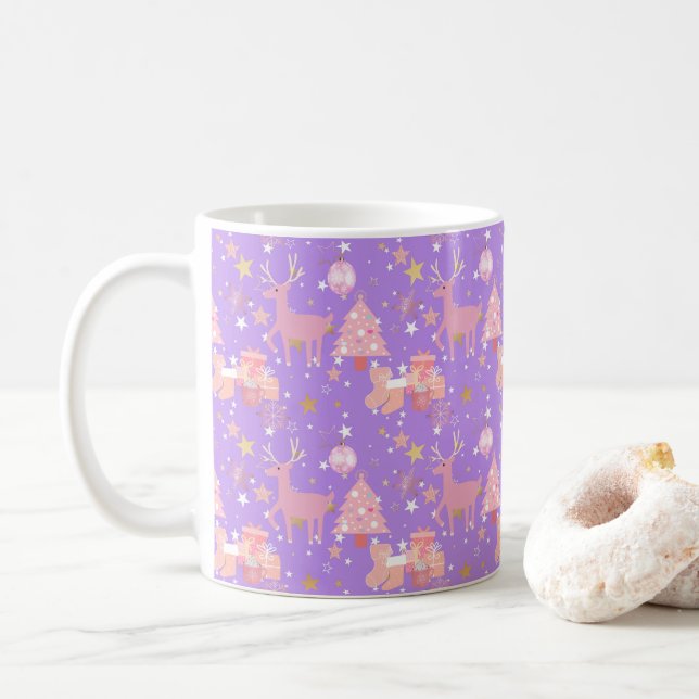 Pink and Purple and Gold Christmas Design Coffee Mug (With Donut)