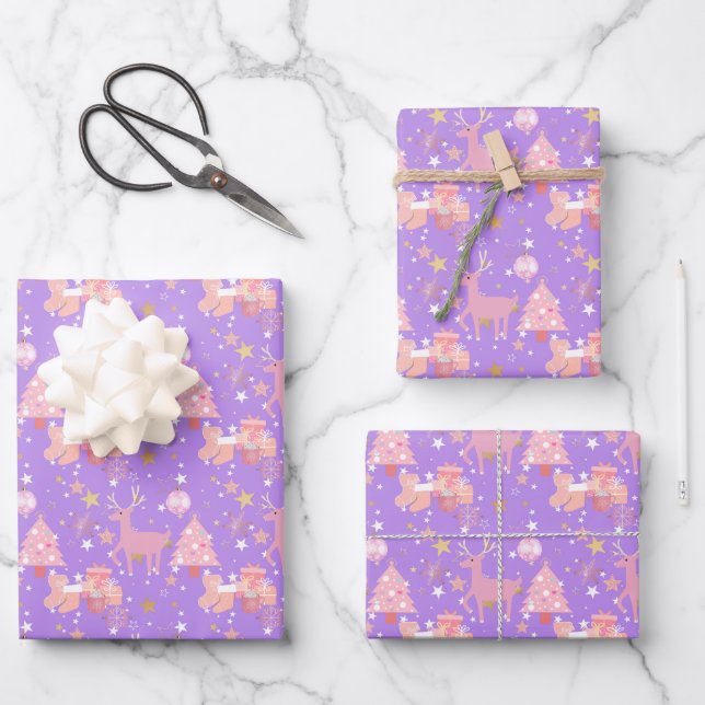 Pink and Purple and Gold Christmas Design Wrapping Paper Sheet (Front)