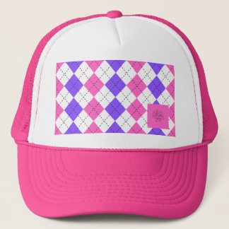 Pink and purple argyle floral logo trucker cap