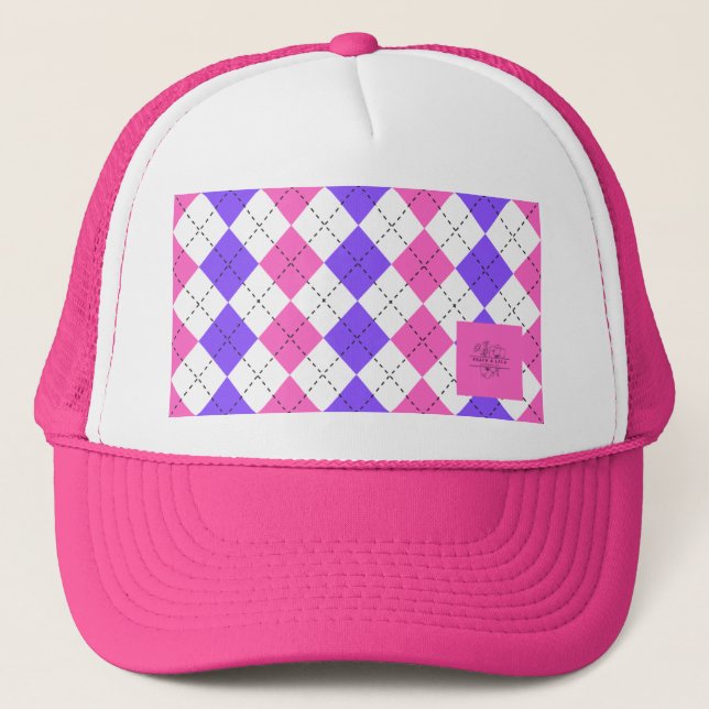 Pink and purple argyle floral logo trucker cap (Front)