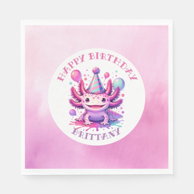 Pink and Purple Axolotl Girl's Birthday Party Napkin (Front)
