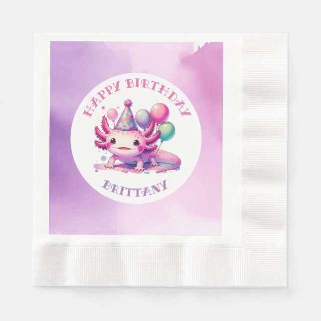 Pink and Purple Axolotl Girl's Birthday Party Napkin (Front)