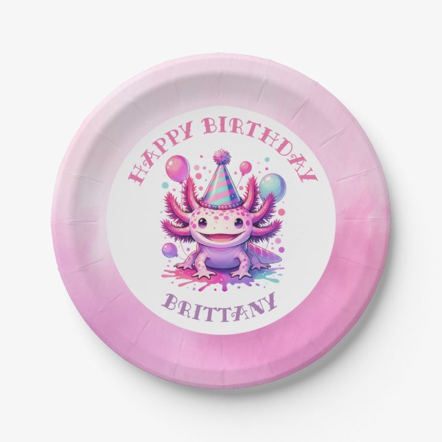 Pink and Purple Axolotl Girl's Birthday Party Paper Plate (Front)
