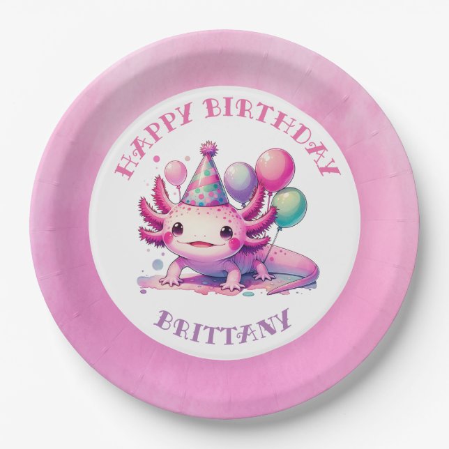 Pink and Purple Axolotl Girl's Birthday Party Paper Plate (Front)