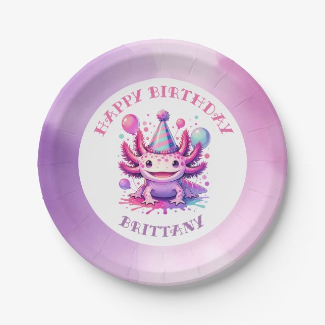 Pink and Purple Axolotl Girl's Birthday Party Paper Plate (Front)