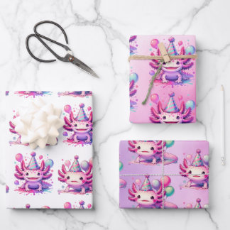 Pink and Purple Axolotl Girl's Birthday Party Wrapping Paper Sheet