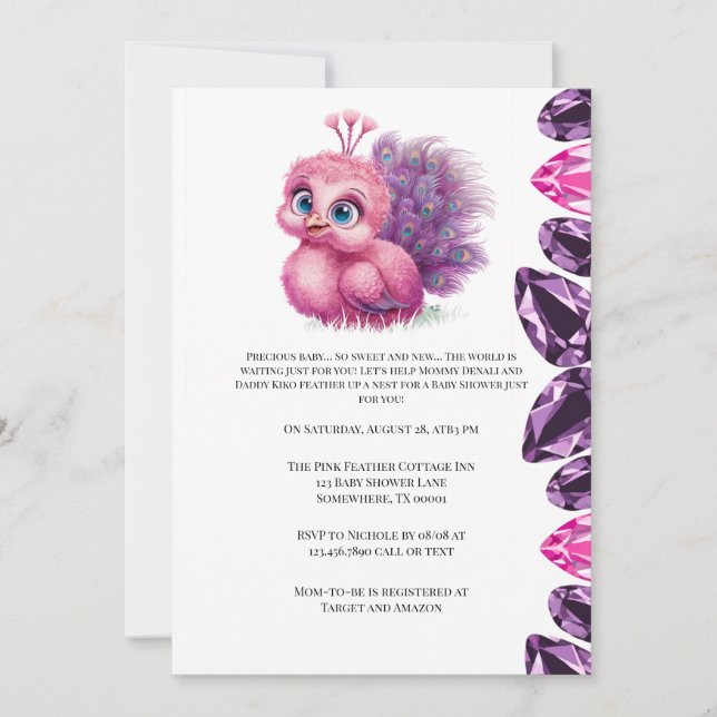 Pink and Purple Baby Peacock Baby Shower Invitation (Front)