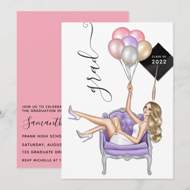  Pink and Purple Blonde Balloon Girl Graduation Invitation (Front/Back)