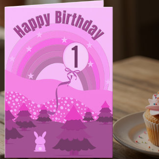Pink And Purple Bunny & Rainbow 1st Birthday Card