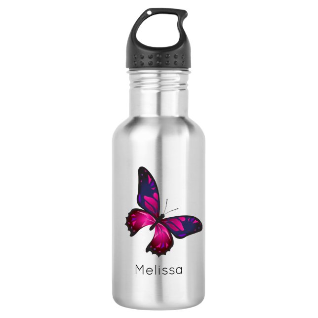 Pink and Purple Buttefly Personalised 532 Ml Water Bottle (Front)
