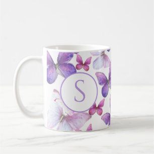 Pink and Purple Butterflies Custom Monogram Coffee Mug