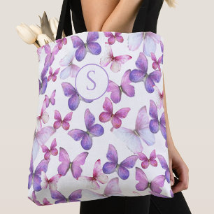 Pink and Purple Butterflies Custom Monogram Tote Bag