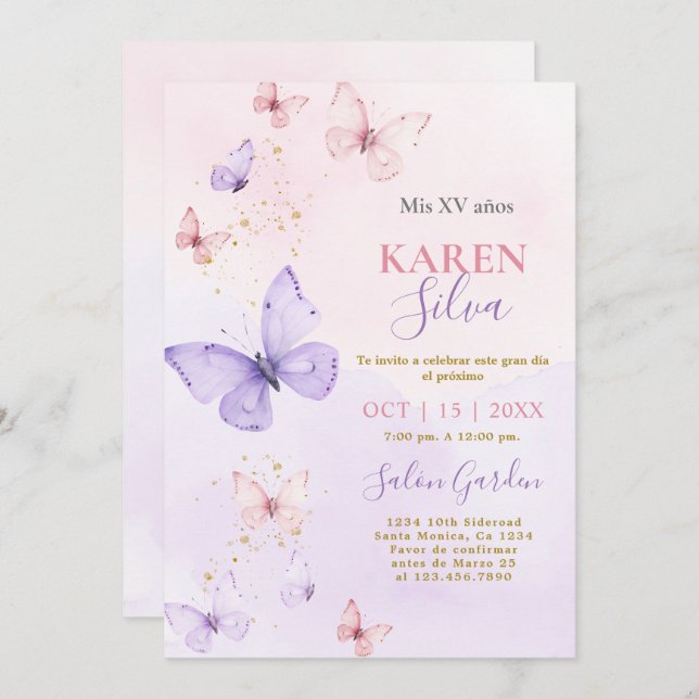 Pink and Purple Butterflies Quinceañera Invitation (Front/Back)