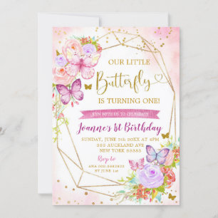 Pink and Purple Butterfly 1st Birthday Invitation