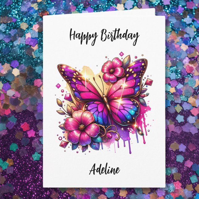 Pink and Purple Butterfly and Flowers Birthday Card (Creator Uploaded)