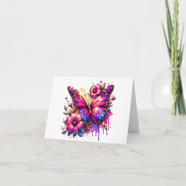 Pink and Purple Butterfly and Flowers Thank You  Card (Front)
