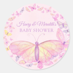 Pink and Purple Butterfly Baby Shower Classic Round Sticker