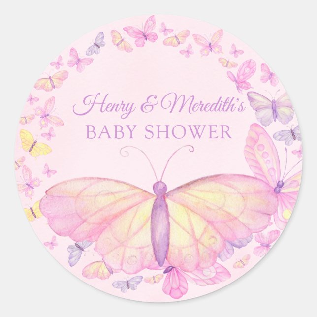 Pink and Purple Butterfly Baby Shower Classic Round Sticker (Front)
