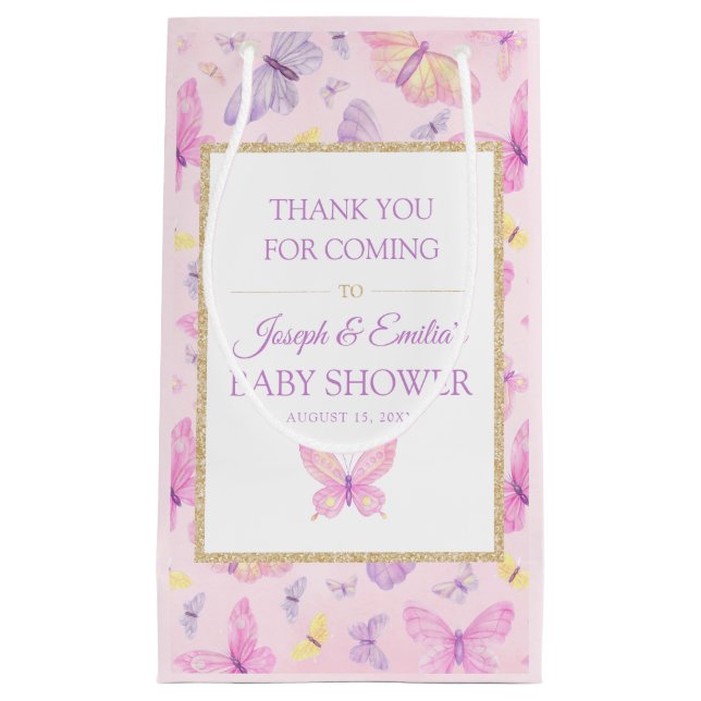 Pink and Purple Butterfly Baby Shower Small Gift Bag (Front)