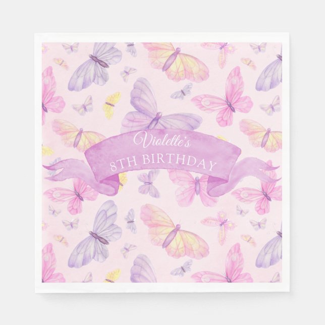 Pink and Purple Butterfly Custom Birthday Napkin (Front)