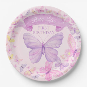 Pink and Purple Butterfly Custom First Birthday Paper Plate