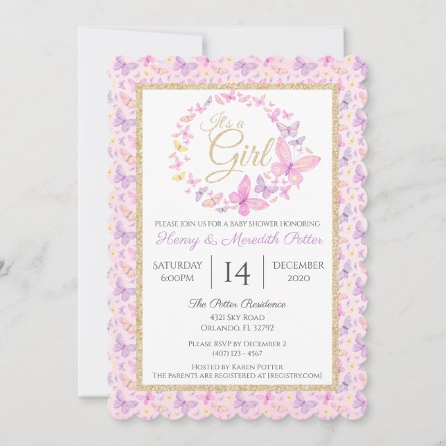 Pink and Purple Butterfly Girls Baby Shower Invita Invitation (Front)