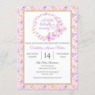 Pink and Purple Butterfly Girls Birthday Party Invitation