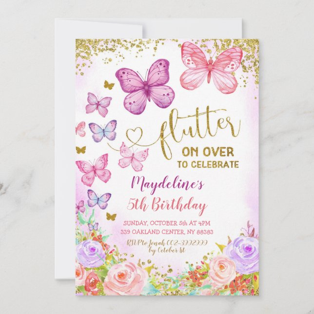 Pink and Purple Butterfly Kid's Birthday Invite (Front)