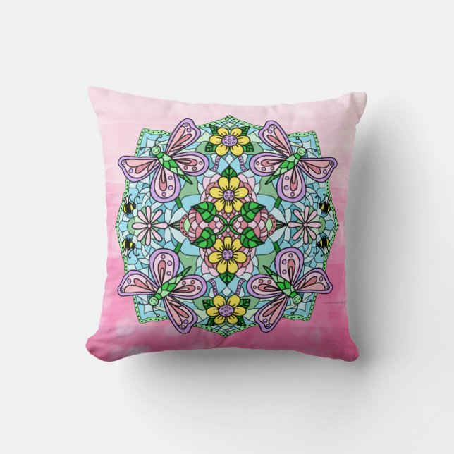 Pink and Purple Butterfly Mandala Cushion (Front)