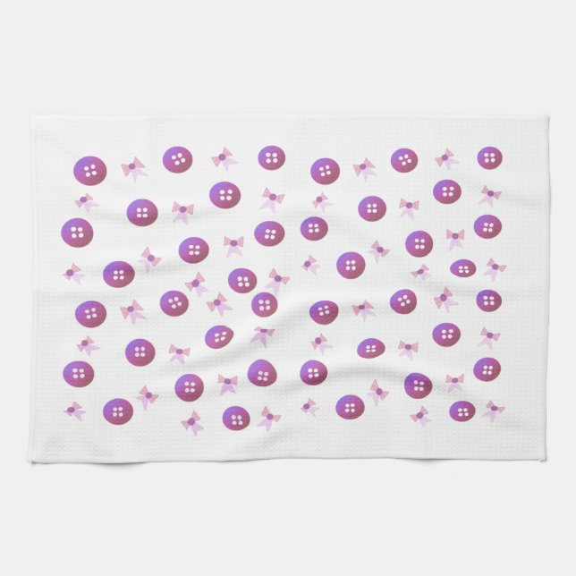 Pink and Purple Buttons and Bows Tea Towel (Horizontal)