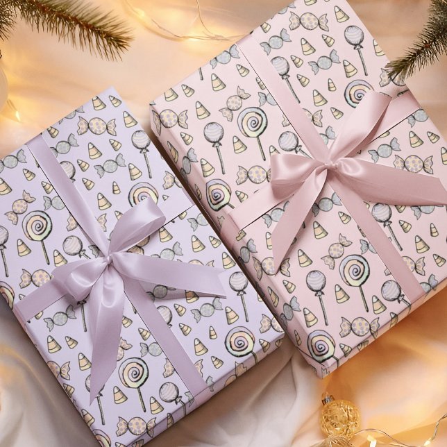 Pink and Purple Candy Theme Girl Birthday Wrapping Paper Sheet (Pink Purple Candy Theme October Birthday Pattern for Girl. Hand Drawn Candy, Lollipops & Candy Corn.)