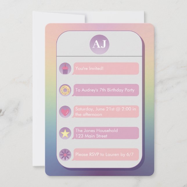 Pink and Purple Cell Phone Kid's Birthday Party Invitation (Front)