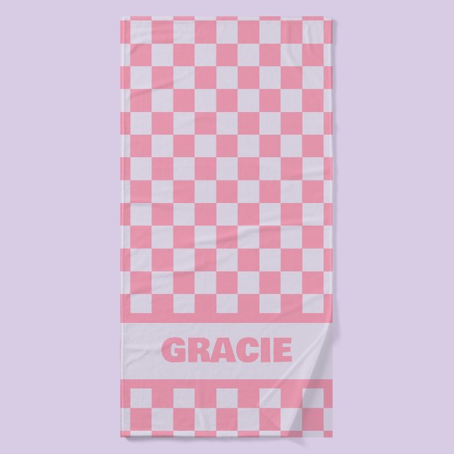 Pink and Purple Chequerboard Custom Name Towel (Bath Towel)
