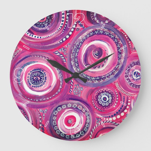 Pink and Purple Circles and Swirls Abstract Large Clock (Front)