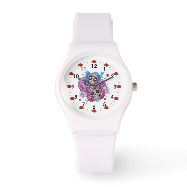 Pink and Purple Circles Sugar Skull Butterflies Watch (Front)