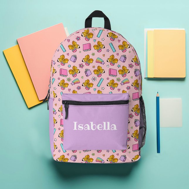 Pink and Purple Colourful School Supplies Pattern Printed Backpack (Pink and Purple Custom Back to School Fall Cute Girls Backpack )