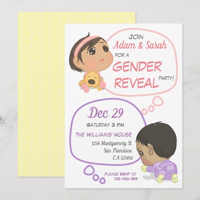 Pink and Purple Comic Baby Gender Reveal Invitation (Front/Back)