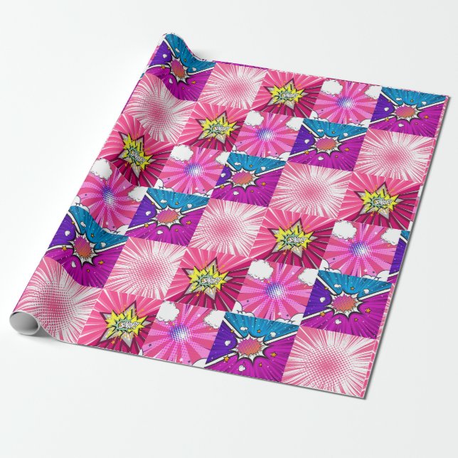 Pink and Purple comic book superhero background Wrapping Paper (Unrolled)