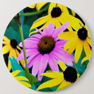 Pink and Purple Coneflower with Yellow Flowers 6 Cm Round Badge