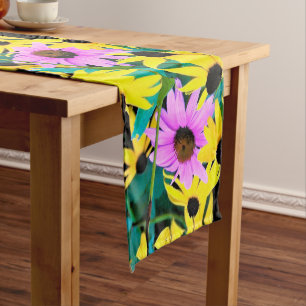 Pink and Purple Coneflower with Yellow Flowers Long Table Runner