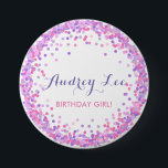 Pink and purple confetti birthday girl 7.5 cm round badge<br><div class="desc">Confetti birthday button for the birthday girl! Featuring fun coloured confetti circles sprinkles of pink,  purple,  lilac and soft grey all around with your birthday girl's info in the centre.</div>