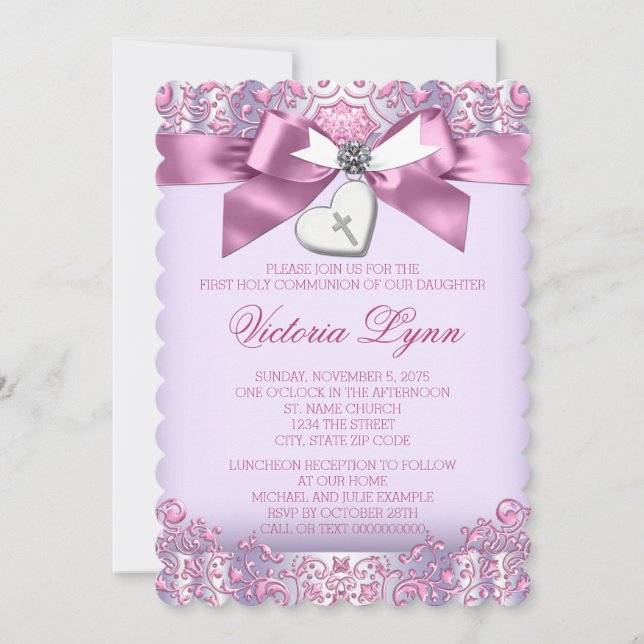 Pink and Purple Cross First Communion Invitation (Front)