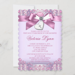 Pink and Purple Cross First Communion Invitation