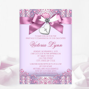 Pink and Purple Cross First Communion Invitation
