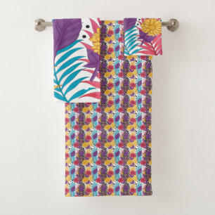 Pink and purple cut flowers with intricate petals bath towel set