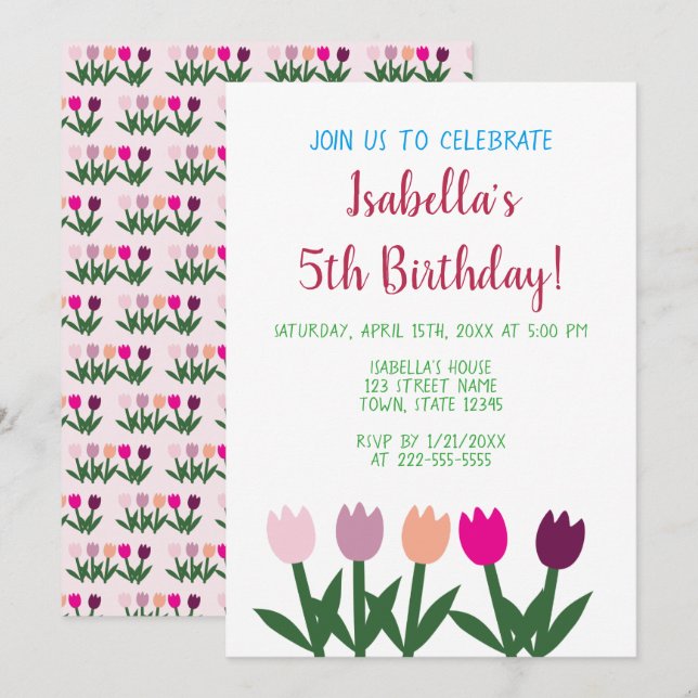 Pink and Purple Cute Cartoon Tulips 5th Birthday Invitation (Front/Back)